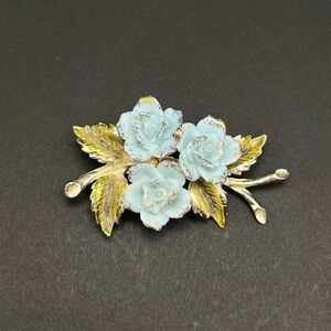 Vintage Coro Brooch Blue Roses Green Leaves Gold Tone Floral Cottagecore Spring